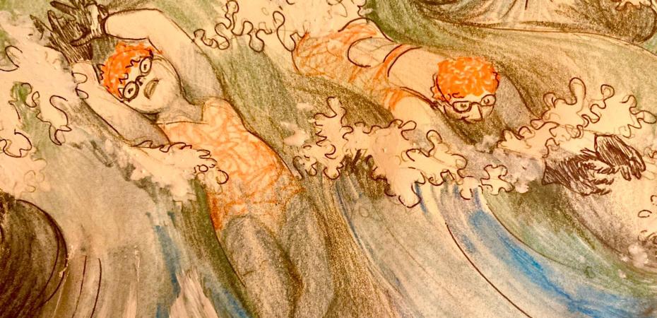 orange hat ladies; sea swimming; wild swimming; karen mead; illustration; women swimming
