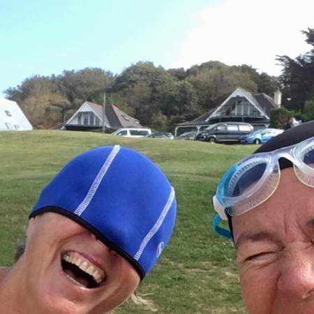 laughing; laughing swimmers; sea swimming; orange hat ladies;