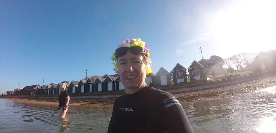 orange hat ladies, sea swimming, wild swimming, women swimming, swimming kit