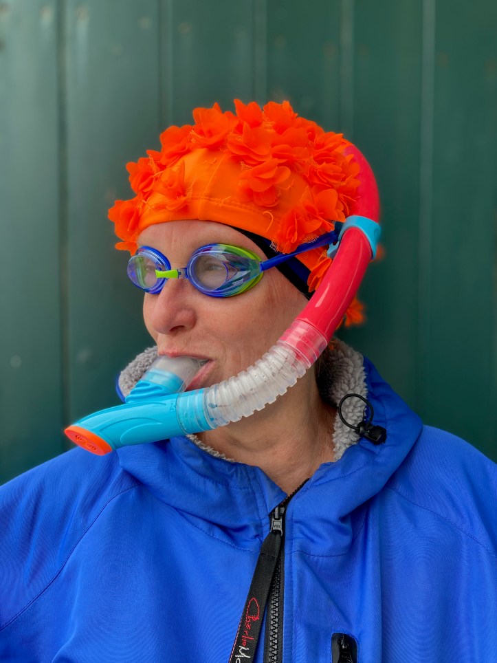 swim buddy, orange hat ladies, snorkel, sea swimming, swim kit