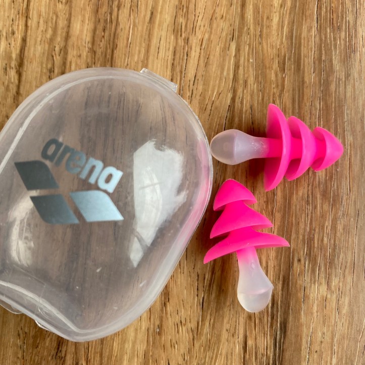 orange hat ladies, sea swimming, swim kit, earplugs