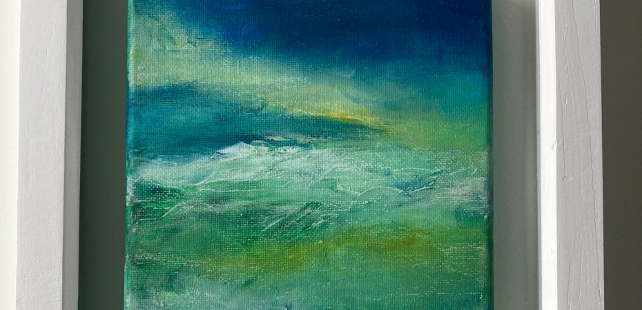 Fran Farrar, seascape, framed artwork, orange hat ladies