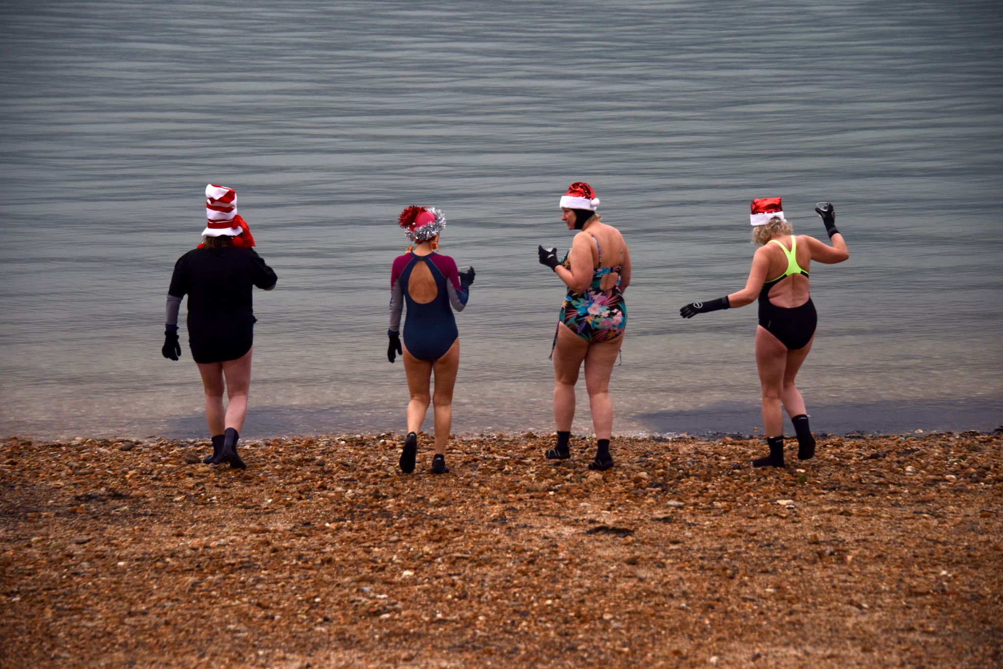 christmas day 2021, orange hat ladies, swimming women
