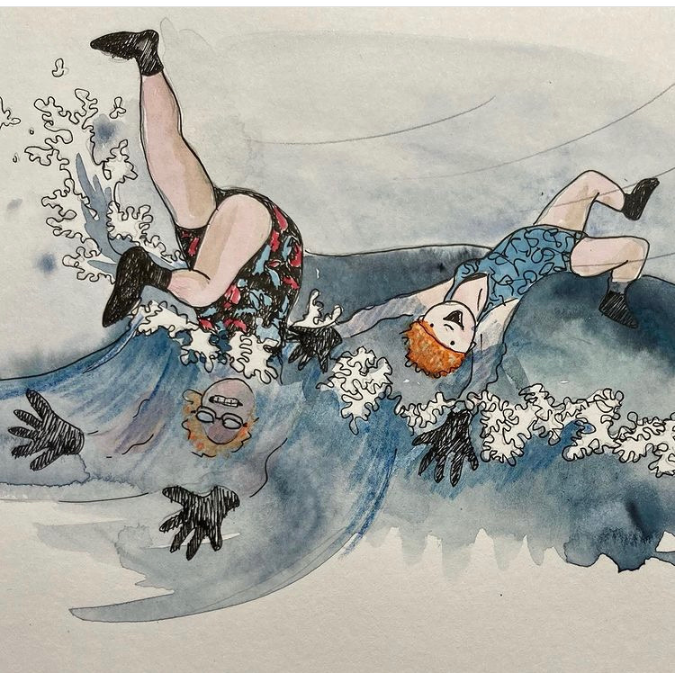 orange hat ladies, sea swimming, storm barra, 